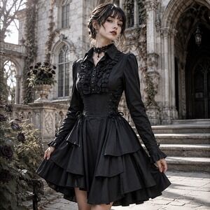 Retroscope Fashions Gothic Lolita Black Ruffle Dress Victorian J-Fashion US 10